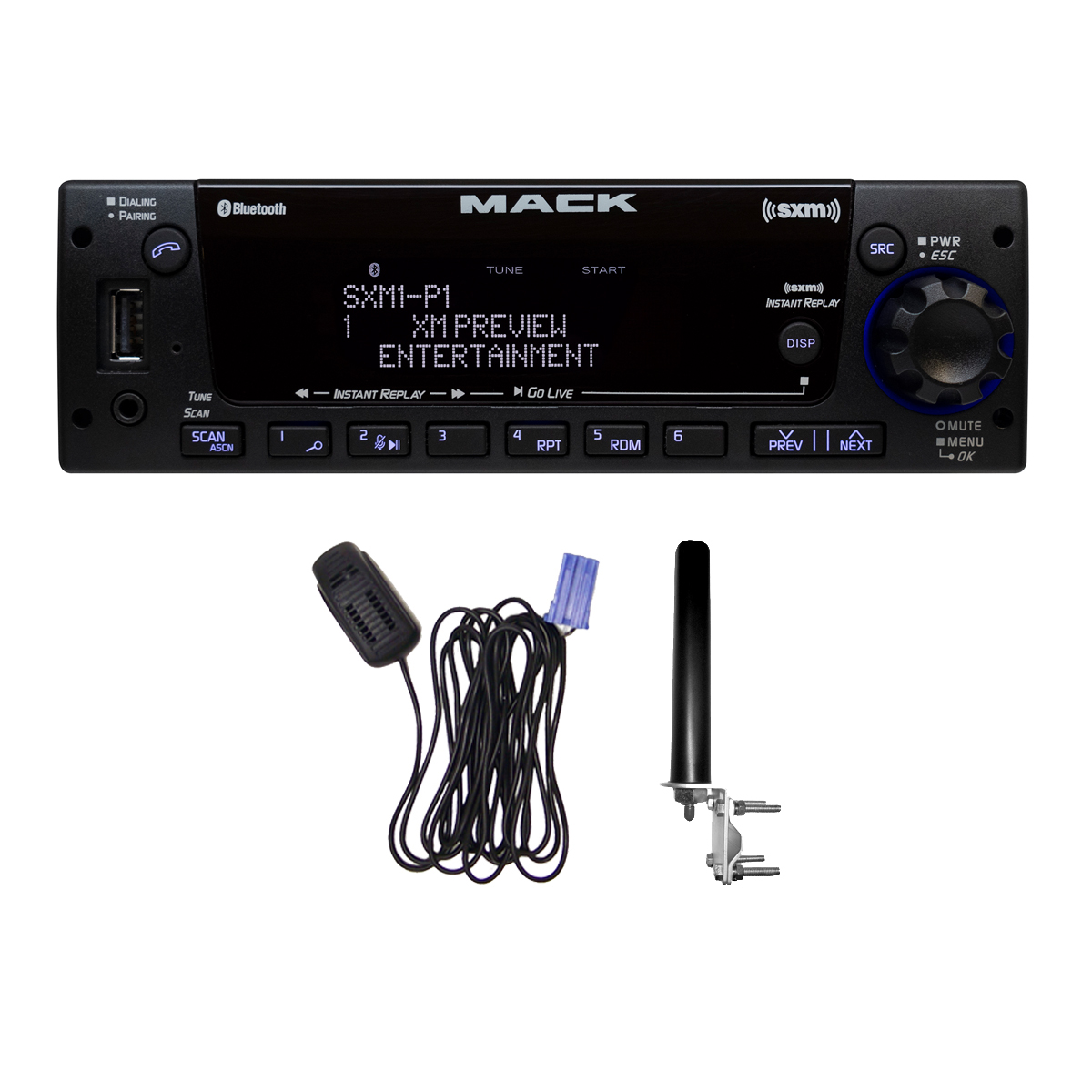 MACK Heavy Duty AM/FM/WB with USB, SiriusXM and Bluetooth - Includes BT Mic Kit and Satellite Radio Antenna