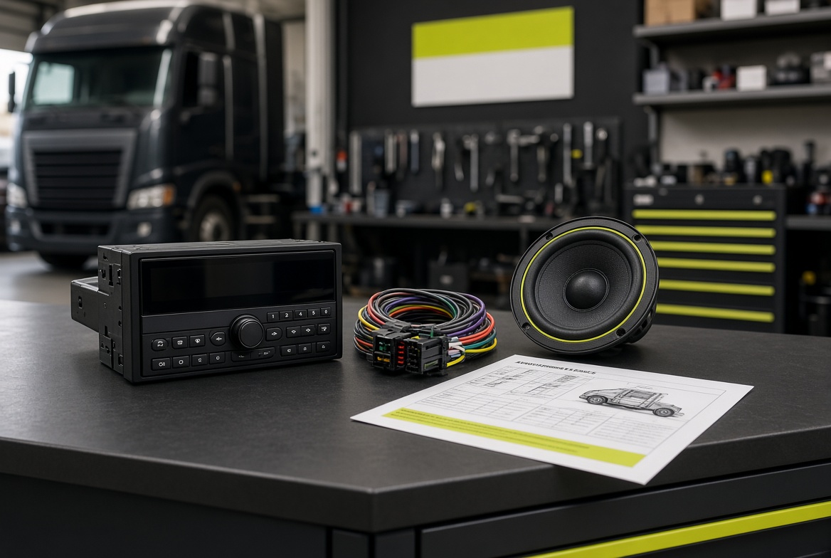 Truck stereo and plug-and-play harnesses on the bench at SemiTruckStereos.com